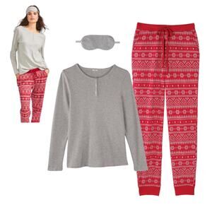 Studio 1886 Waffle Knit Holiday Pajama Set Womens 1X 18-20W Gray Red 65% Cotton